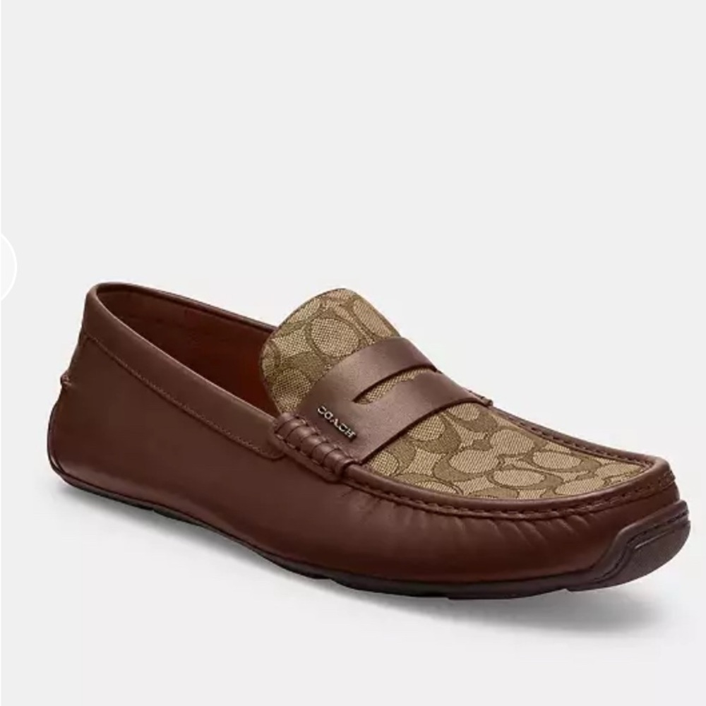 Coach Men’s Brown Leather & Signature Canvas CR886 Liam driver jacquard Loafers